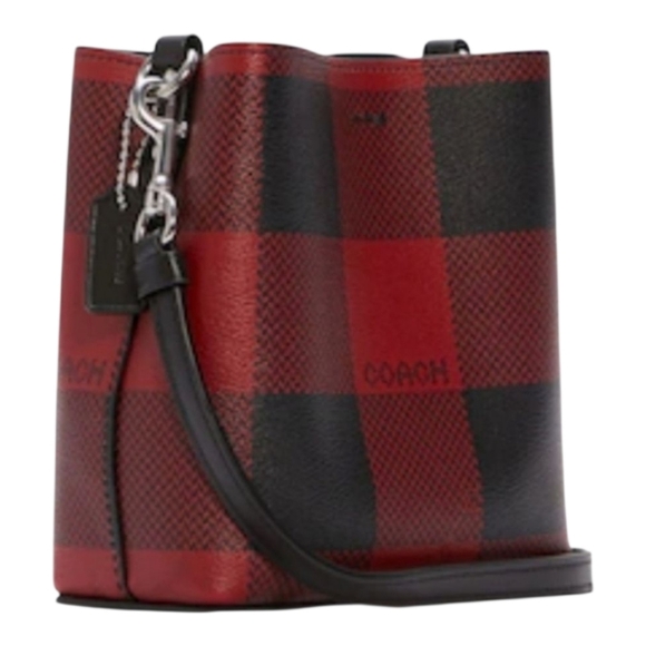COACH MINI TOWN BUCKET BAG WITH RED & BLACK BUFFALO PLAID PRINT - Picture 7 of 8